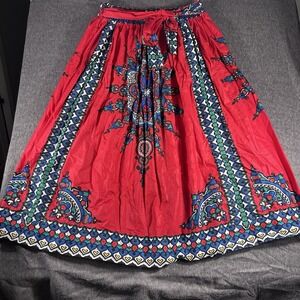 Touch Me Geometric Medallion Print Red Cotton Boho Maxi Skirt 3X elastic waist